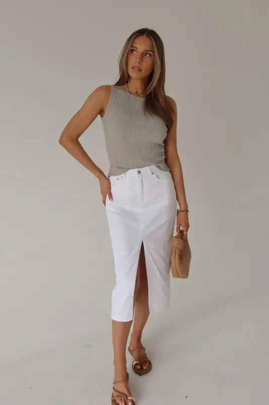 Lia Front Slit Denim Midi Skirt