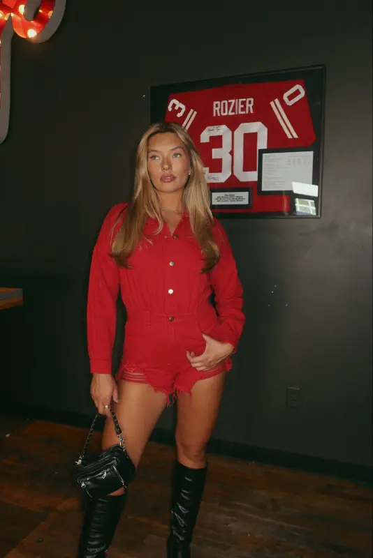 Red Long Sleeve Denim Romper